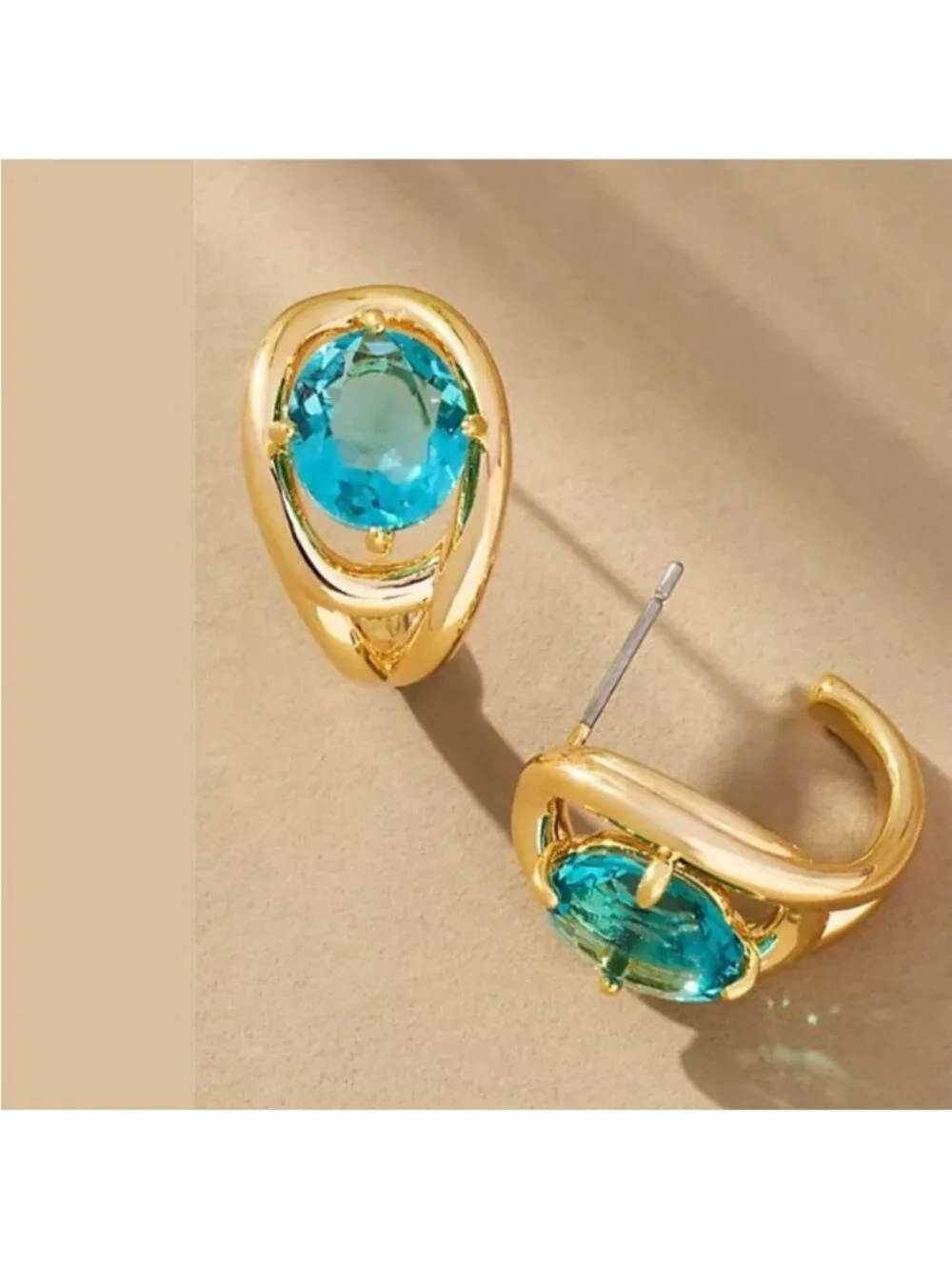 New! Anthropologie Blue Curved Stone Huggie Earrings NWT